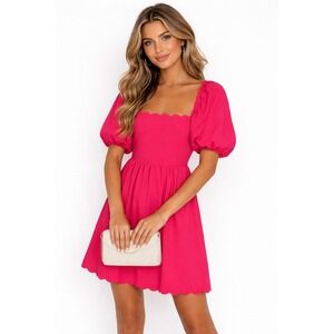 O.P.T OPT April Scalloped‎ Summer Vacation Dress Hot Pink Puff Sleeves S